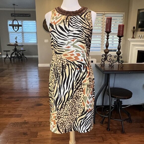 Peter Nygard Linen Blend Dress 10 M Animal Print Zebra Leopard Safari Sleeveless - Picture 1 of 14